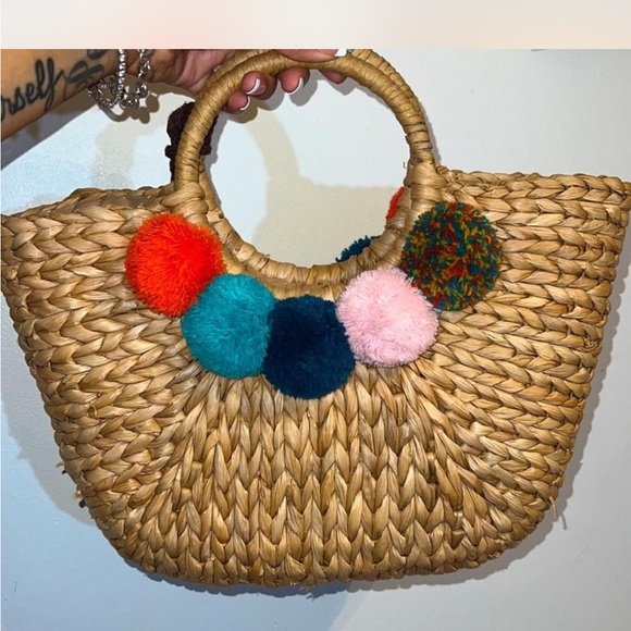 Woven Straw Tote with Colorful Pom Poms - Picture 2 of 4